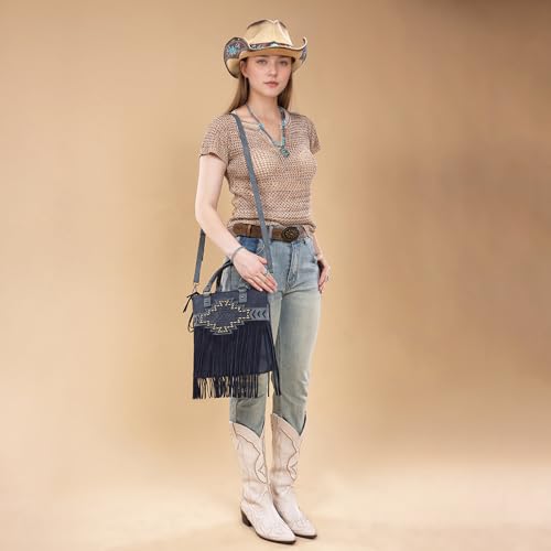 Trinity Ranch Crossbody Bags for Women Tooled Fringe Top Handle Handbags Vintage Western Purse - color: Navy