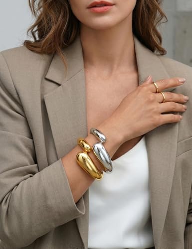 Chunky Gold Bangle Bracelets for Women, Dainty 14k Gold Plated Big Stackable Bangles Set, Trendy Statement Cuff Bracelet Stack Summer Beach Jewelry Gifts - style: 2 Gold & silver bangles