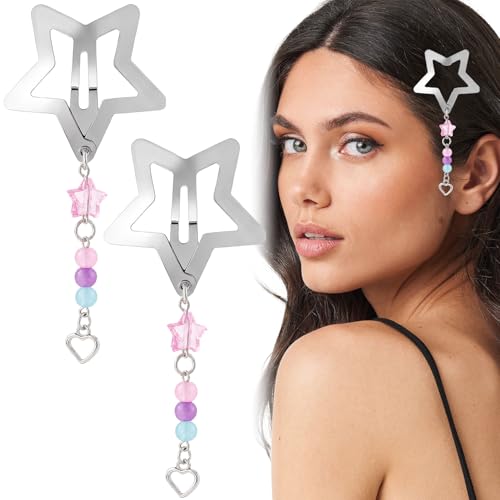 Pndeyo 2pcs Star Tassels Hair Clips for Women, Heart Non-Slip 2000s Y2k Snap Barrettes, Cute Star Beaded Pendant Pin Accessories for Braid Long Short Thin Thick Hair- Silver - color: Silver-B Style