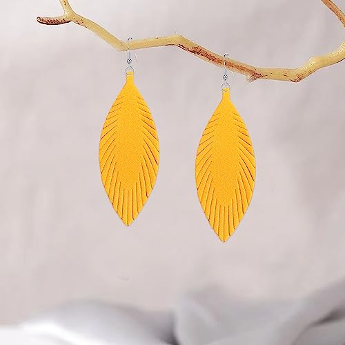 Large Genuine Soft leaf Leather Handmade Fringe Tassel Feather Lightweight Tear Drop Dangle Color Earrings for Women - color: Yellow