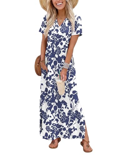 OFEEFAN Summer Dresses for Women 2026 Maxi Dress Short Sleeve Sundresses with Pockets Beach Vacation Spring Outfits - color: Floral Blue, size: Medium