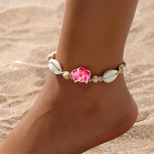 Fesciory Puka Shell Anklet for Women Summer Natural Cowrie Adjustable Ankle Bracelet, Handmade Boho Hawaiian Beach Seashell Jewelry - color: Flower