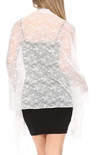 Sakkas Mari Women's Large Lightweight Soft Lace Scarf Wrap Shawl Floral and Fringe - color: Style4-white