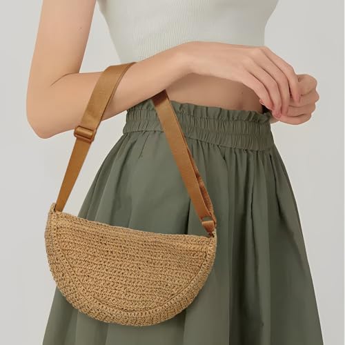 Straw Crossbody Bag for Women Summer Woven Beach Handbag Crescent Shoulder Purses with Adjustable Strap 2025 - color: Brown
