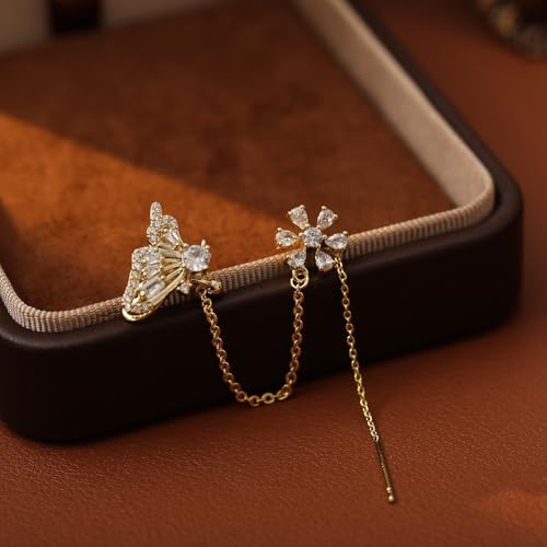 Gold Butterfly Floral Ear Cuff 1 Pair Chain Earrings Sparkling Zircon No Piercing Clip On Elegant Design for Women Everyday Casual Party Wear