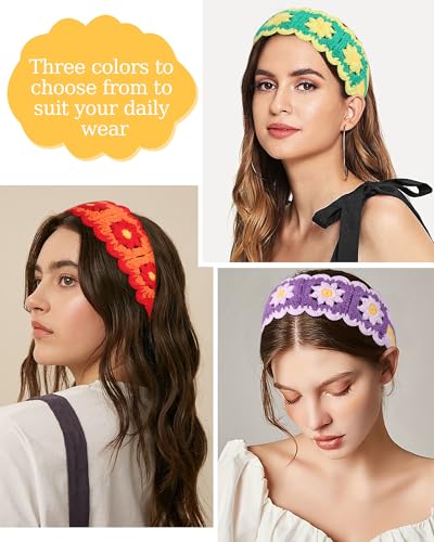 HAIMEIKANG Hippie Hair Bandanas Headbands for Women Boho Headband Knit Hair Bands Floral Head Wrap for Girls(red+green+purple) - color: red+green+purple