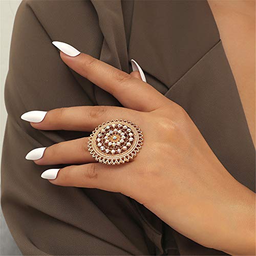 Dtja Vintage Big Round Statement Ring for Women Girls Boho Antique Mosaic Crystal CZ Expandable Open Wrap Finger Rings Adjustable Comfort Fit Indian Bollywood Style Exaggerated Jewelry - style: Lacy