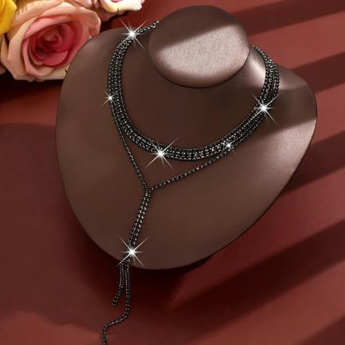 Boho Layered Necklaces for Women Fashion Y Long Neckalce Statement Long Sweater Chain Necklace Black Shiny Choker Necklace Wedding Bridal - color: Style-C