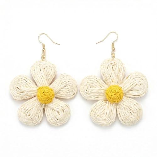 Woven Raffia Rattan Earrings for Women, Boho Flower Hoop & Drop Dangle Earrings Collection, Handmade Summer Beach Vacation Statement Earrings for Party Daily Wear - color: Multi-Layer Daisy Stud