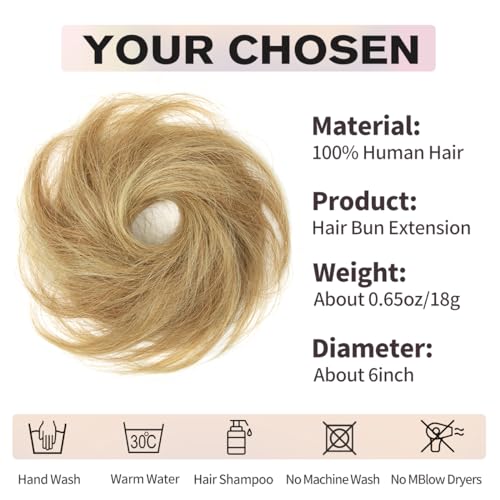 2 PCS Human Hair Bun, Messy Bun Hair Piece, Soft Fluffy Elastic Scrunchie, 30s Easy Updo for Women & Kids, Ideal for Daily Wear, Ballet, Dance & Office Use (Honey Highlights Golden) - color: Honey Highlights Golden, size: 4 Inch