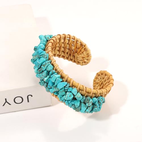 Rattan Bracelet Handmade Lightweight Straw Wicker Braid Cuff Bangle Bracelet Statement Adjustable Bohemian Rattans Woven Chunky Bracelets for Summer Wrist Jewelry - style: Z Rattan Cuff Bracelet Turquoise