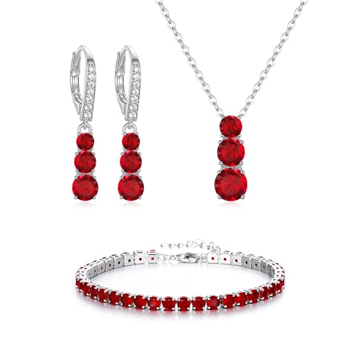 Crysdue Cubic Zirconia Jewelry Set for Women Bridesmaid, Classic Round Cut Drop Lightweight Lever Back Earrings Pendant Necklace Tennis Bracelet for Wedding Prom Party - style: 3pcs Red, Silver