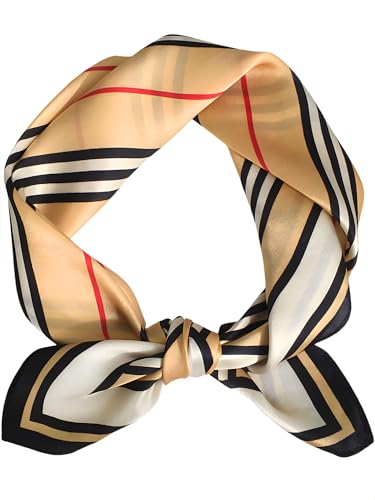 100% Mulberry Silk Scarf for Women Hair Lightweight Square Neckerchief Wrap For Head Scarves 21" - color: 32-khaki Stripes /21"*21"