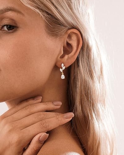 HANLI Dangle Earrings for Women – 14K Gold Plated/Silver Drop Earrings Sparkly CZ Gold Dangle Earrings Elegant Dangling Earrings for Wedding Bridal Prom Jewelry - color: 2-Dangle CZ Gold