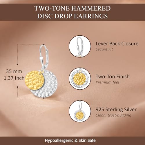LeCalla 925 Sterling Silver Drop & Dangle Earrings for Women | Handmade Hammered Textured Drop Dangle Earring Jewelry | Women's Hammered Earrings Jewelry for Gift Mom Wife - color: Two-Tone Disc