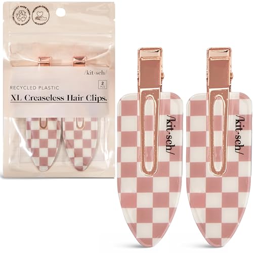 Kitsch Creaseless Hair Clips for Women - No Crease, No Bend Hair Clips for Styling, Bangs, Makeup Application, Face Wash | Recycled Acrylic - Checkered Terracotta | Ideal Gifts for Women, 2pcs - color: Terracotta Checkered