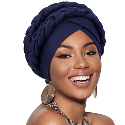 African Women Turban Caps Pre-Tied Twisted Turbans Head Scarf for Women Hair Wraps Cover Beanie Cancer Chemo Headwear - color: 1 Pack Double Twisted Braid: Navy Blue
