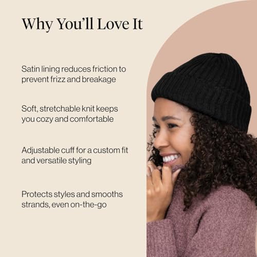 Kitsch Glazey™ Satin Lined Beanie for Men and Women – Cozy Winter & Anti Frizz Beanies for Men, Stylish Hat for All Hair Type - color: Black