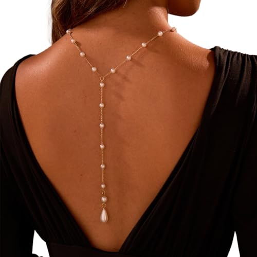 Gold Long Pearl Back Chain Necklace for Backless Dress Bridal Wedding Pearl Backdrop Jewelry Festival Rave Body Chain Jewelry for Women