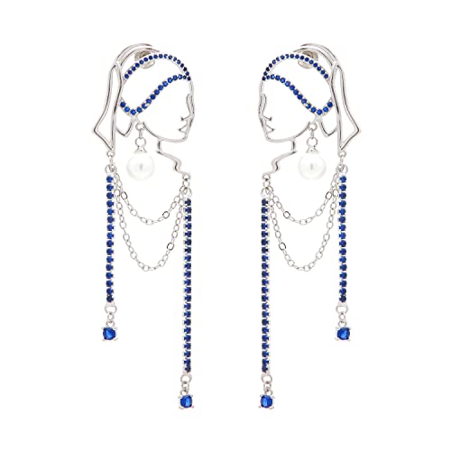 Unique Abstract Face Art | Dangle Statement Long Earrings for Women | Rhinestone Tassel Handmade Chandelier Earrings - color: Silver Blue Diamond
