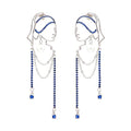 Unique Abstract Face Art | Dangle Statement Long Earrings for Women | Rhinestone Tassel Handmade Chandelier Earrings - color: Silver Blue Diamond