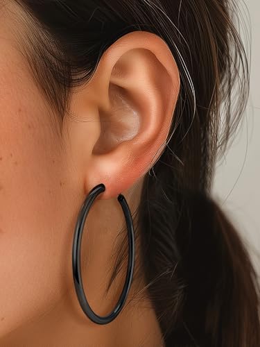 Stainless Steel Chunky Hoop Earrings For Women, Minimalist and Chic, Black/Gold Plated, Round Hoops Earrings Hypoallergenic, Size: 30mm/40mm/60mm/80mm, Come with Box - color: 1. Black, size: 80MM