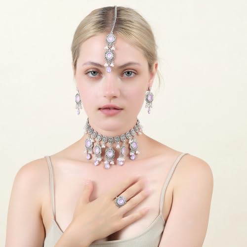 Luxury Waterdrop Rhinestone Pearls Tassel Charm Necklace Earrings Ring Maang Tikka Jewelry 4PCS Set Oxidized Antique Silver Flower Choker Ethnic Indian Retro Crystal Bollywood Bridal Wedding for Women - color: Purple