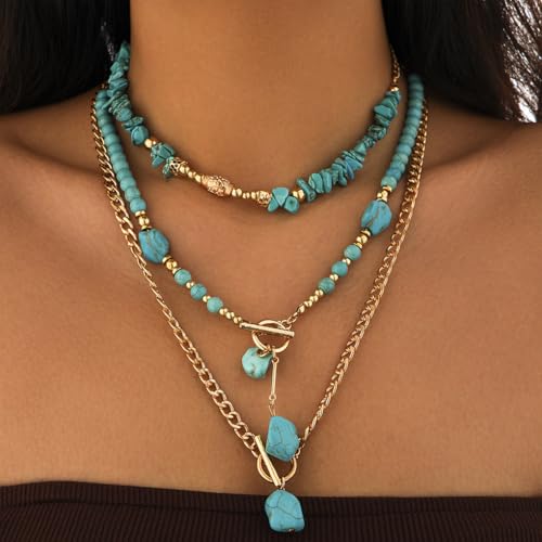 GIGB PBDK Boho Western Necklaces for Women,Turquoise Beaded Layered Necklaces Vintage Cow Cactus Pendant Choker Necklace Set,Cowgirl Jewelry Accessories Gifts - style: B1