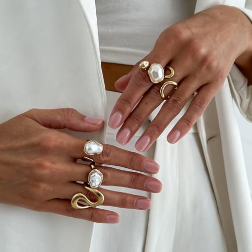Chunky Gold Pearl Rings for Women Vintage Baroque Pearl Rings Set Open Stacking Pearls Ring Set Irregular Geometric Pearls Ring Boho Prom Costumes Fashion Jewelry Accessories - style: 5PCS C