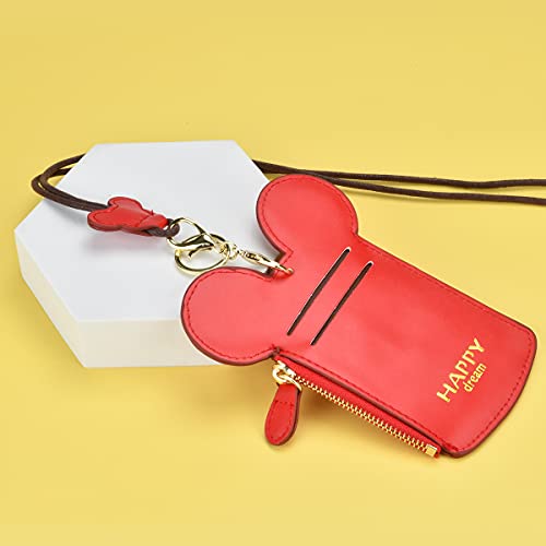 BUUFAN Chic Red Cute Travel PU Leather Student ID Card Holder Lanyard Neck Pouch Bag With Coin Wallet Purse for Students Women Kids Teens Girls - color: RED
