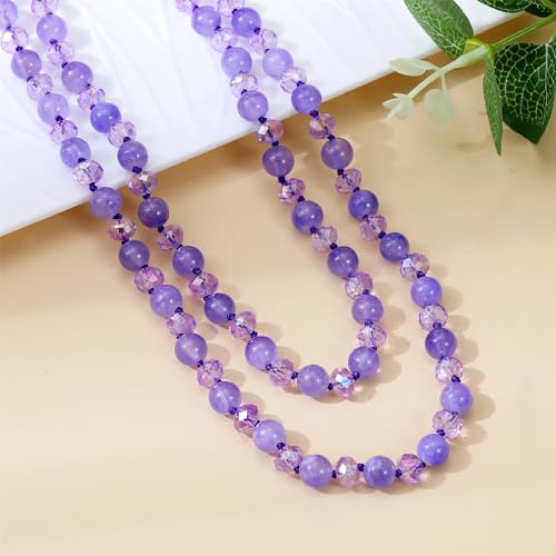 Long Beaded Necklace for Women Boho Colorful Crystal Stone Knot Statement Fashion Costume Jewelry Gifts - color: Lavender