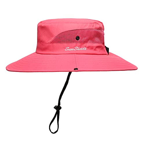 Womens Summer Sun Hat Beach Hat Wide Brim Outdoor UV Protection Hat Foldable Cool Mesh Ponytail Bucket Hat - color: Watermelon Red)