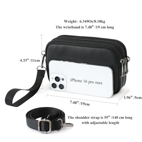 Small Wristlet Wallet for Women, 3-Zip Crossbody Phone Purse - color: Black/Pu-lychee