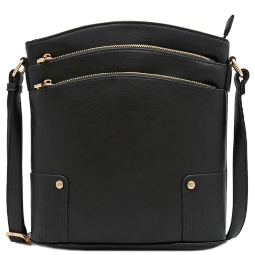 ALYSSA Triple Zip Pocket Large Crossbody Bag - color: Black