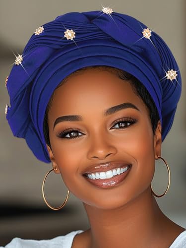 Woeoe Women African Turban Pre-Tied Twisted Beanie Cap Headwear Rhinestone Soft Stretchy Head Turbans - color: Royal Blue