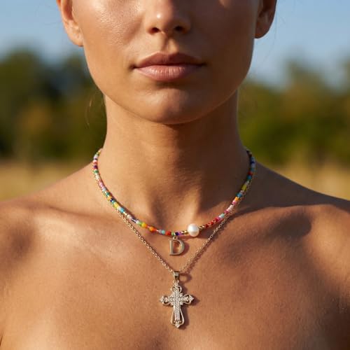 Colorful Pearl Beaded Initial Choker Necklaces for Women, Boho Handmade Personalized Seed Beads Letter Name Necklace Beach Surfer Bohemian Jewelry Gift - color: Cross D