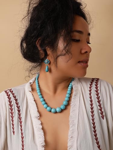 MINACHI Boho Created Turquoise Bead Long Strand Necklace, Bohemian Statement Jewelry Gift for Women - color: S02
