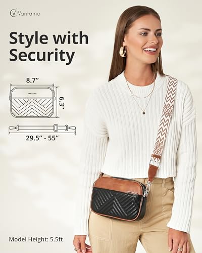 Vantamo Premium Quilted Crossbody Bags for Women with Anti-Pickpocket Clip, Vegan Leather Handbags, Travel Purses for Women - color: Shoulder Bag Onyx & Brown Jacquard Strap