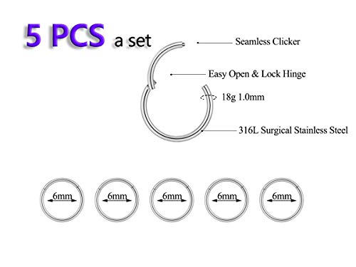 5Pcs 16G 18G Surgical Steel Nose Rings Hoop Tragus Septum Cartilage Hoop Earrings For Women Men Body Piercing Jewelry Kit Bar Length 6mm/8mm/10mm/12mm/14mm - style: 5Pcs -18G - Steel - 6mm