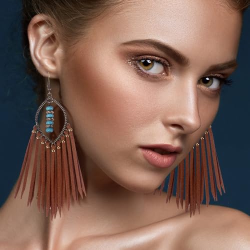 Long Bohemian Fringe Leather Earrrings Handmade Tassel Earrings with Turquoise Christmas Long Dangle Earrings for Women rodeo jewelry - color: 3