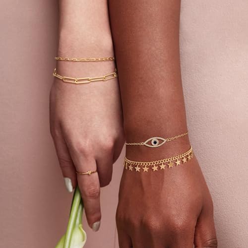 Dremmy Studios Gold Bracelet for Women 18K Gold Plated Dainty Paperclip Cubic Zirconia Disc Coin Star Cable Satellite Bead Pearl Simple Boho Minimalist Stacking Layered Link Jewelry Gift - color: Tassel Star