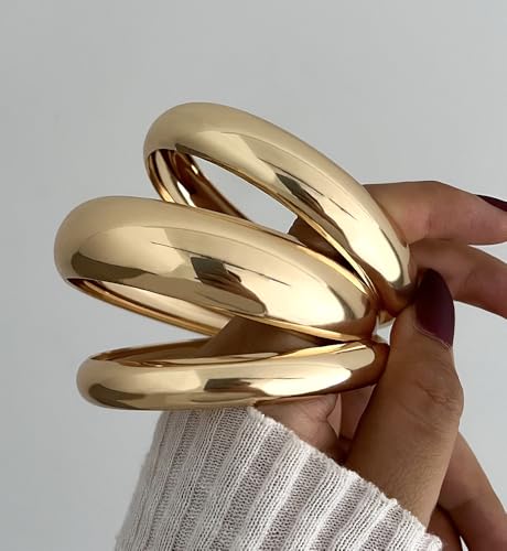Chunky Gold Bangle Bracelets for Women, Dainty 14k Gold Plated Big Stackable Bangles Set, Trendy Cuff Bracelet Stack Fashion Jewelry Gifts - style: A1-gold