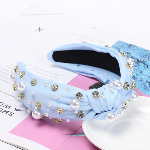 WantGor Pearl Knotted Headband, Women Rhinestone Embellished Hairband Elegant Wide Top Knot Bride Headbands Headpieces Party Fashion Elegant Ladies Hair Band Hair Hoop Accessories (Light Blue) - color: Light Blue