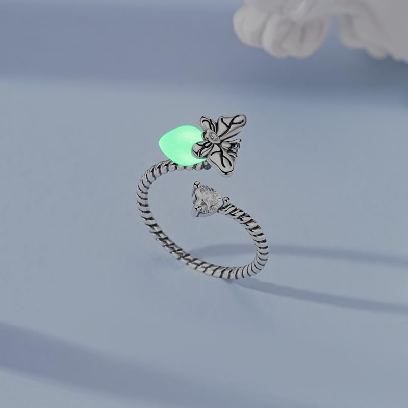 PARCOM Adjustable Women Stackable Ring, 925 Sterling Silver Open Rings - Trendy Eternity Cubic Zirconia Stackable Band Engagement Promise Ring for Her, Hypoallergenic Non Tarnish Nature Bird Floral Thumb Rings - color: Glow-in-the-Dark Firefly