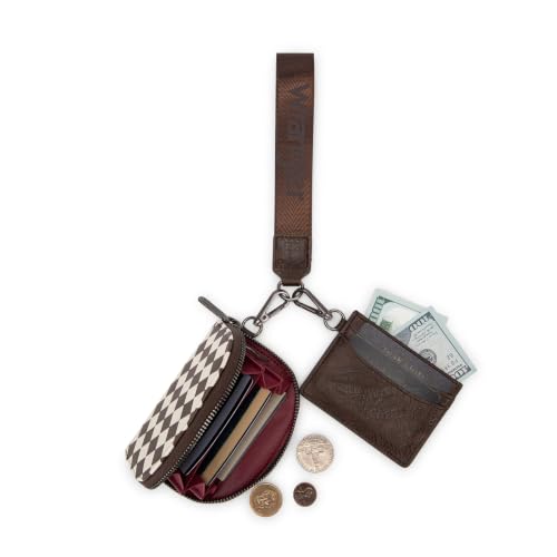 Wrangler KeyChain Wallet Checkered Wristlet Wallets for Women Western Dual Pouch Wristlet Credit Card Holder Wallet - color: Checkered Coffee