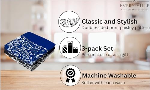 Classic Paisley Bandanas - 3 Pack Gift Set, 100% Cotton, 22x22 Inches - color: Black /Navy Blue/ White