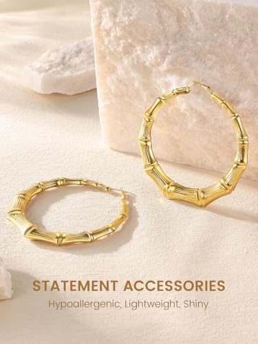 KeyStyle Bamboo Hoop Earrings for Women, Stainless Steel 90s Hoops Earring Lightweight Loops for Party, 2 mm Thick Hypoallergenic Vintage Circle Endless Thin Hoop (40mm, 60mm, 80mm,) - color: 14K Plated Gold-80mm