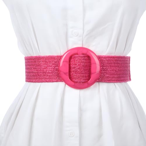beltox fine Women PP Straw Braided Elastic Belt Solid Color with Round Buckle - color: Red, size: XS-XL(28-40 inch stretch range)
