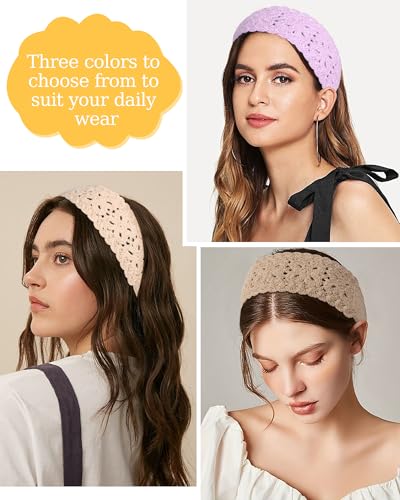 HAIMEIKANG Hippie Hair Bandana Headbands for Women Boho Headband Knit Hair Bands Floral Head Wrap for Women and Girls(light purple+beige+khaki) - color: light purple+beige+khaki