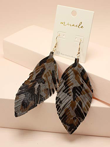 Large Genuine Soft Leather Handmade Fringe Feather Lightweight Tear Drop Dangle Color Earrings for Women Girls Fashion - color: GREY-LEOPARD